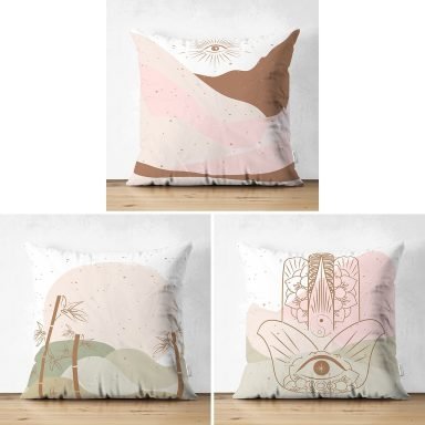 3'lü Renkli Çizimli Bohem Motifli Modern Süet Yastık Kırlent Kılıf Seti