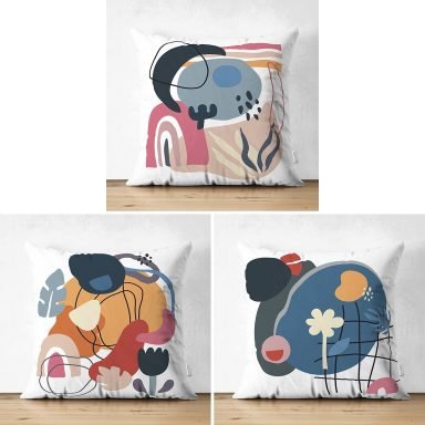 3'lü Beyaz Zemin Üzerinde Renkli Onedraw Çizimli Modern Süet Yastık Kırlent Kılıf Seti