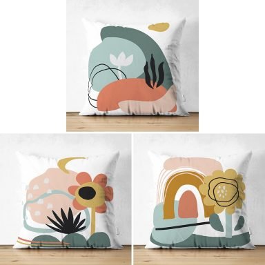 3'lü Beyaz Zemin Üzerinde Renkli Onedraw Çizimli Modern Süet Yastık Kırlent Kılıf Seti