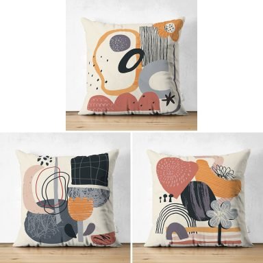 3'lü Beyaz Zemin Üzerinde Renkli Onedraw Çizimli Modern Süet Yastık Kırlent Kılıf Seti