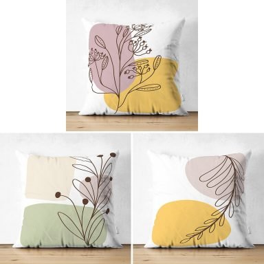 3'lü Beyaz Zemin Üzerinde Renkli Onedraw Çizimli Yaprak Desenli Modern Süet Yastık Kırlent Kılıf Seti