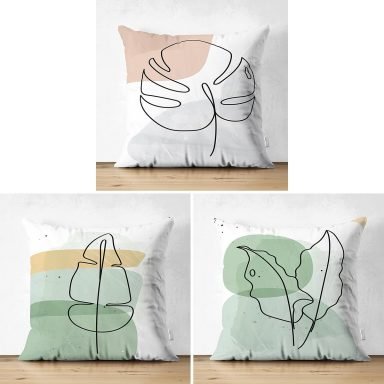 3'lü Beyaz Zemin Üzerinde Renkli Onedraw Çizimli Yaprak Desenli Modern Süet Yastık Kırlent Kılıf Seti