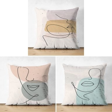 3'lü Beyaz Zemin Üzerinde Onedraw Çizimli Bayan Silüeti Modern Süet Yastık Kırlent Kılıf Seti