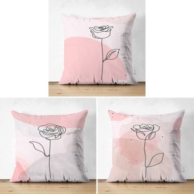 3'lü Renkli Zemin Üzerinde Onedraw Çizimli Gül Desenli Modern Süet Yastık Kırlent Kılıf Seti