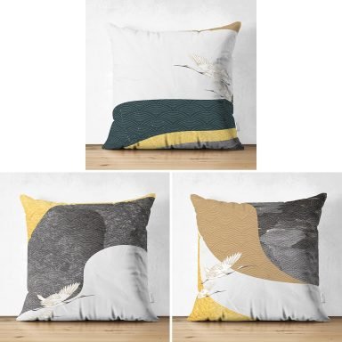 3'lü Renkli Zemin Üzerinde Geometrik Çizimli Modern Süet Yastık Kırlent Kılıf Seti