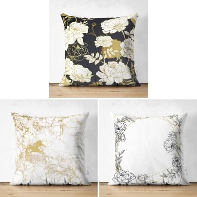 3'lü Renkli Zemin Üzerinde Mermer ve Gül Desenli Modern Süet Yastık Kırlent Kılıf Seti