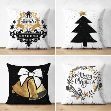 4'lü Siyah Beyaz Gold Detaylı Mery Christmas Temalı Dijital Baskılı Modern Süet Kırlent Kılıfı Seti