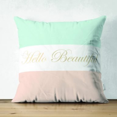 Hello Beautiful Mint Yeşili & Ten Rengi  Dijital Baskılı Modern Süet Yastık Kırlent Kılıfı