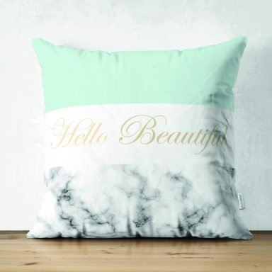 Hello Beautiful Mint Yeşili & Mermer  Dijital Baskılı Modern Süet Yastık Kırlent Kılıfı