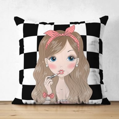 Dama Zeminli Fuchion Girl Tasarımlı  Dijital Baskılı Modern Süet Yastık Kırlent Kılıfı