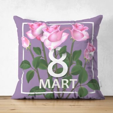 Özel Tasarım 8 Mart Gül Tasarımlı Dijital Baskılı Modern Süet Yastık Kırlent Kılıfı