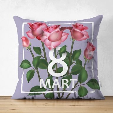 Özel Tasarım 8 Mart Gül Tasarımlı Dijital Baskılı Modern Süet Yastık Kırlent Kılıfı