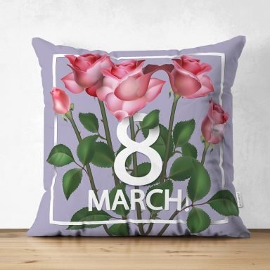 Özel Tasarım 8 March Gül Tasarımlı Dijital Baskılı Modern Süet Yastık Kırlent Kılıfı