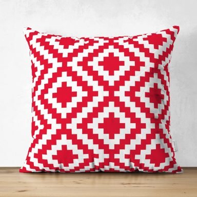Kırmızı Geometrik Çizimli Dijital Baskılı Modern Süet Yastık Kırlent Kılıfı