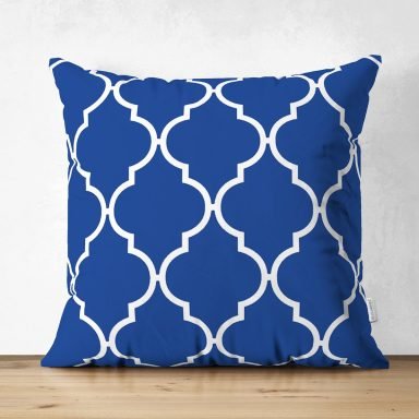 Lacivert Ogea Desenli Dijital Baskılı Modern Süet Yastık Kırlent Kılıfı