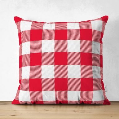 Kırmızı Ekose Tasarımlı Dijital Baskılı Modern Süet Yastık Kırlent Kılıfı