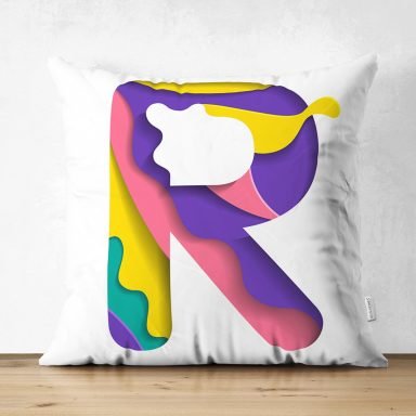 Beyaz Zemin Renkli R Harfli Özel Tasarım Modern Suet Yastık Kırlent Kılıfı