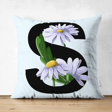 Mavi Zemin Çiçek Desenli Siyah S Harfi Özel Tasarım Modern Suet Yastık Kırlent Kılıfı