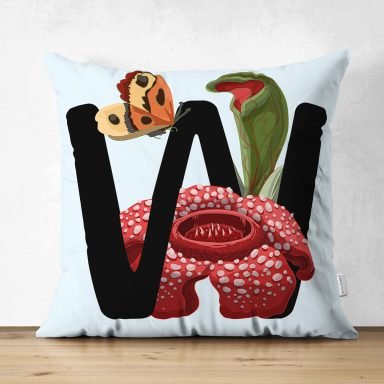 Mavi Zemin Çiçek Desenli Siyah W Harfi Özel Tasarım Modern Suet Yastık Kırlent Kılıfı