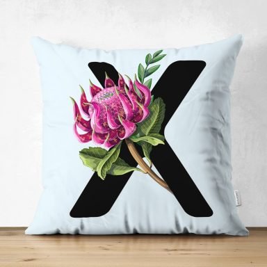 Mavi Zemin Çiçek Desenli Siyah X Harfi Özel Tasarım Modern Suet Yastık Kırlent Kılıfı