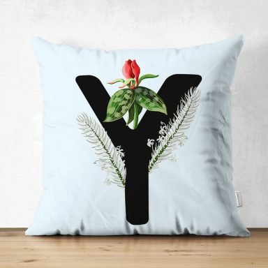 Mavi Zemin Çiçek Desenli Siyah Y Harfi Özel Tasarım Modern Suet Yastık Kırlent Kılıfı