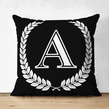 Siyah Beyaz Çelenkli A Harfi Özel Tasarım Modern Suet Yastık Kırlent Kılıfı