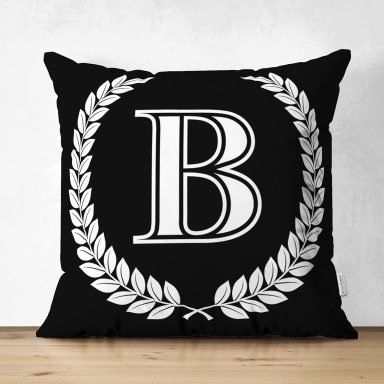 Siyah Beyaz Çelenkli B Harfi Özel Tasarım Modern Suet Yastık Kırlent Kılıfı