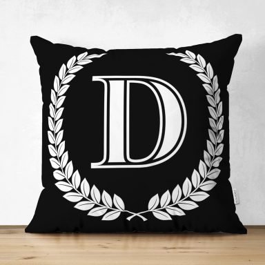 Siyah Beyaz Çelenkli D Harfi Özel Tasarım Modern Suet Yastık Kırlent Kılıfı
