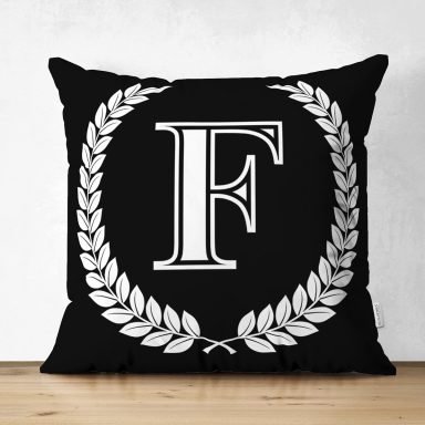 Siyah Beyaz Çelenkli F Harfi Özel Tasarım Modern Suet Yastık Kırlent Kılıfı