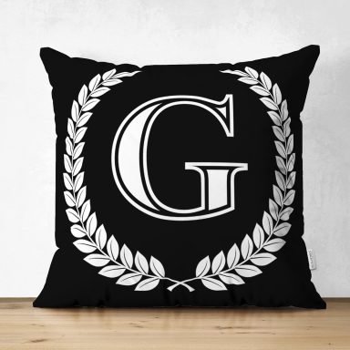 Siyah Beyaz Çelenkli G Harfi Özel Tasarım Modern Suet Yastık Kırlent Kılıfı