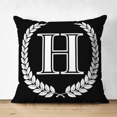 Siyah Beyaz Çelenkli H Harfi Özel Tasarım Modern Suet Yastık Kırlent Kılıfı