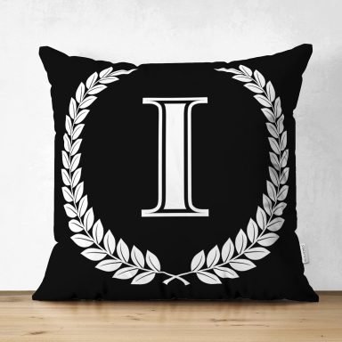 Siyah Beyaz Çelenkli I Harfi Özel Tasarım Modern Suet Yastık Kırlent Kılıfı