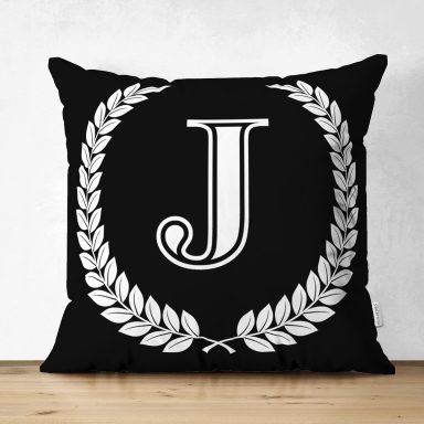 Siyah Beyaz Çelenkli J Harfi Özel Tasarım Modern Suet Yastık Kırlent Kılıfı