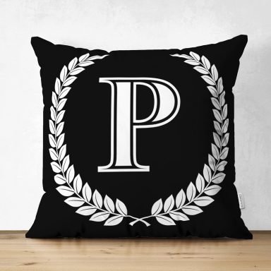 Siyah Beyaz Çelenkli P Harfi Özel Tasarım Modern Suet Yastık Kırlent Kılıfı