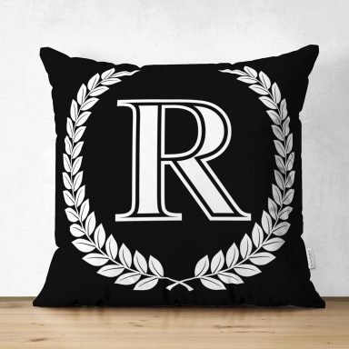 Siyah Beyaz Çelenkli R Harfi Özel Tasarım Modern Suet Yastık Kırlent Kılıfı