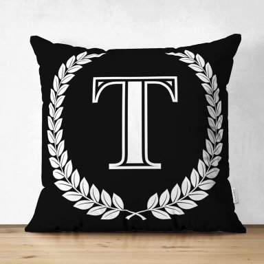 Siyah Beyaz Çelenkli T Harfi Özel Tasarım Modern Suet Yastık Kırlent Kılıfı