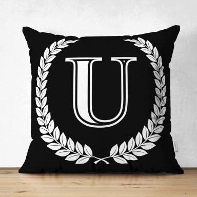 Siyah Beyaz Çelenkli U Harfi Özel Tasarım Modern Suet Yastık Kırlent Kılıfı