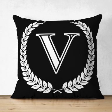 Siyah Beyaz Çelenkli V Harfi Özel Tasarım Modern Suet Yastık Kırlent Kılıfı