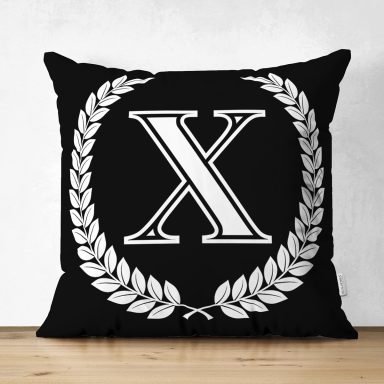 Siyah Beyaz Çelenkli X Harfi Özel Tasarım Modern Suet Yastık Kırlent Kılıfı