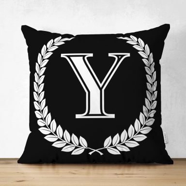 Siyah Beyaz Çelenkli Y Harfi Özel Tasarım Modern Suet Yastık Kırlent Kılıfı