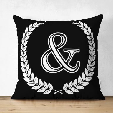 Siyah Beyaz Çelenkli & Harfi Özel Tasarım Modern Suet Yastık Kırlent Kılıfı