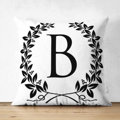 Siyah Beyaz Çelenkli B Harfi Özel Tasarım Modern Suet Yastık Kırlent Kılıfı