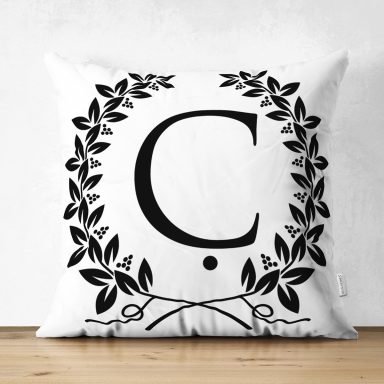 Siyah Beyaz Çelenkli Ç Harfi Özel Tasarım Modern Suet Yastık Kırlent Kılıfı