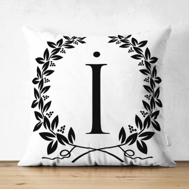 Siyah Beyaz Çelenkli İ Harfi Özel Tasarım Modern Suet Yastık Kırlent Kılıfı