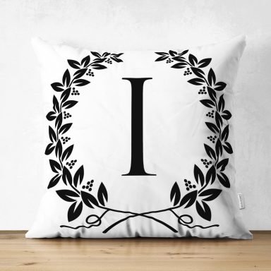 Siyah Beyaz Çelenkli I Harfi Özel Tasarım Modern Suet Yastık Kırlent Kılıfı