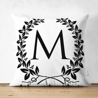 Siyah Beyaz Çelenkli M Harfi Özel Tasarım Modern Suet Yastık Kırlent Kılıfı