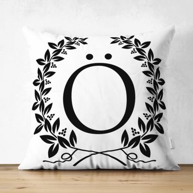 Siyah Beyaz Çelenkli Ö Harfi Özel Tasarım Modern Suet Yastık Kırlent Kılıfı
