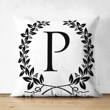 Siyah Beyaz Çelenkli P Harfi Özel Tasarım Modern Suet Yastık Kırlent Kılıfı