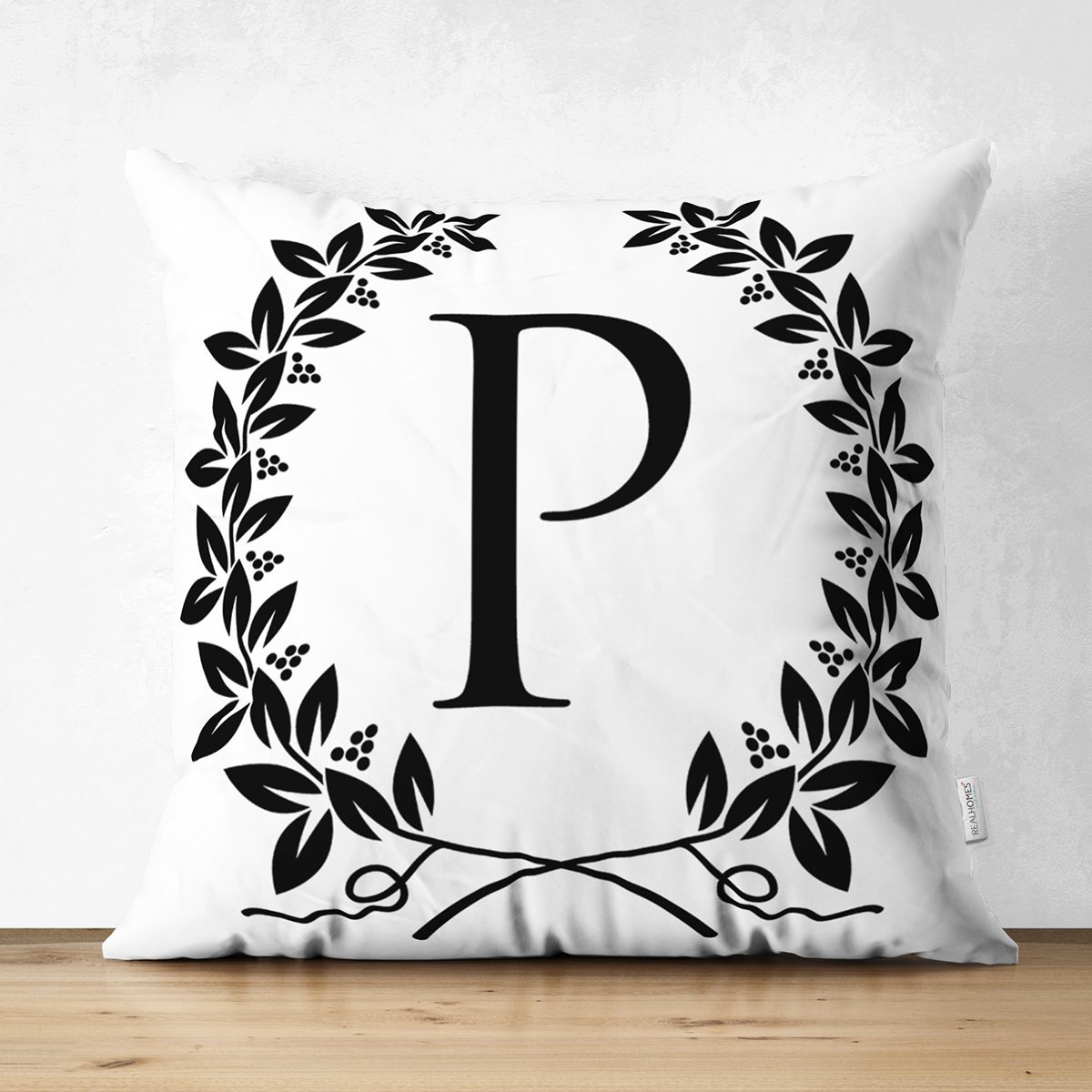 Suet-K9737-Siyah-Beyaz-Celenkli-P-Harfi-Ozel-Tasarim-Modern-Suet-Yastik-Kirlent-Kilifi