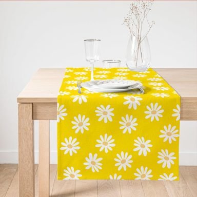 Sarı Zemin Papatya Desenli Dijital Baskılı Dekoratif Süet Runner